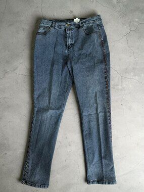 DIANE GILMAN Blue Brown Stitched Denim Jeans Size 12